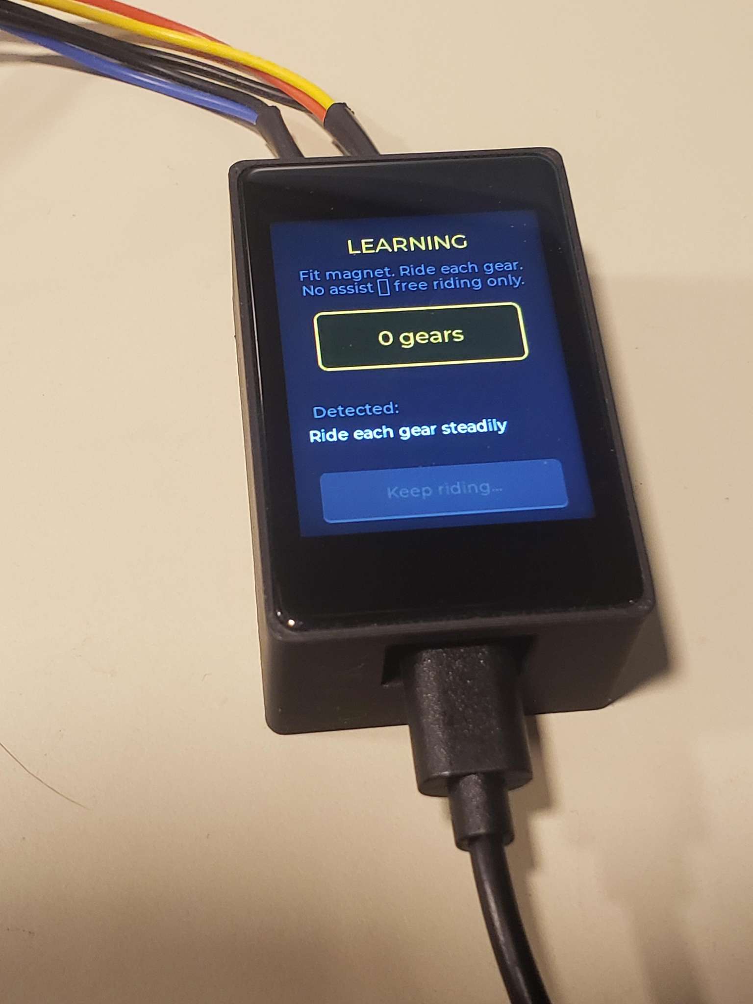 GearSense Mark II LEARNING screen — 0 gears, Keep riding